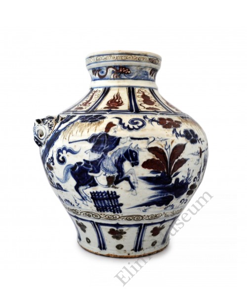 1384 A  blue and red pot depicting a  "Red Turban " cavalryman fighting